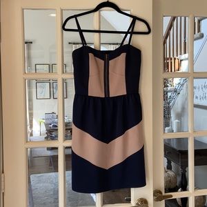 Navy and tan mini cocktail dress